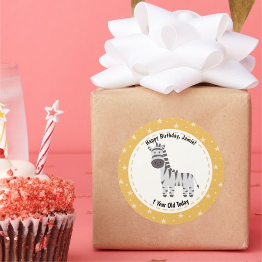 ハッピーバースデー1歳今日かわいいゼブラの名前 ラウンドシール (パーティー)