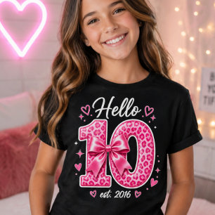 ハッピーバースデー10歳 ピンクヒョウ柄リボン 誕生日 Tシャツ