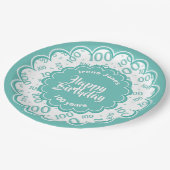 ハッピーバースデー100番目のティール（緑がかった色）/ホワイトナンバーパターン ペーパープレート (アングル)