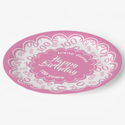ハッピーバースデー100番目のピンク/白の数字パターン ペーパープレート (アングル)