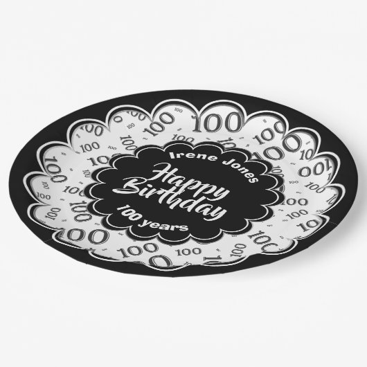 ハッピーバースデー100番目の白黒の数字パターン ペーパープレート (アングル)