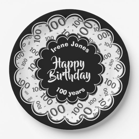 ハッピーバースデー100番目の白黒の数字パターン ペーパープレート (正面)