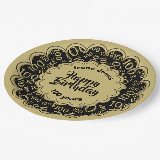 ハッピーバースデー100番目の金ゴールドと黒の番号パターン ペーパープレート (アングル)