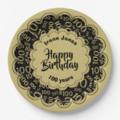 ハッピーバースデー100番目の金ゴールドと黒の番号パターン ペーパープレート (正面)