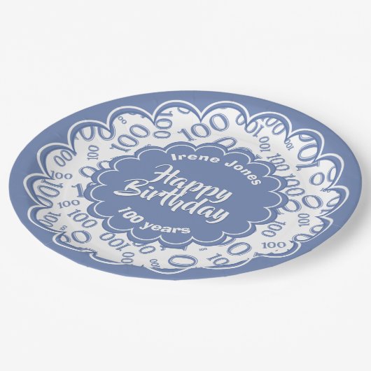 ハッピーバースデー100番目の青/白の番号パターン ペーパープレート (アングル)