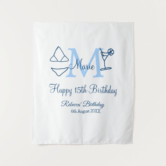 ハッピーバースデー15歳 青い名前のモノグラムビキニ タペストリー (正面)