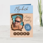 ハッピーバースデー16今日フォトブラウンブルーを追加 カード (正面)