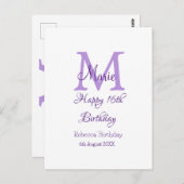 ハッピーバースデー16歳 紫 名前イニシャル おしゃれモダン ポストカード (正面/裏面)
