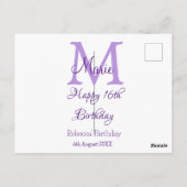 ハッピーバースデー16歳 紫 名前イニシャル おしゃれモダン ポストカード (裏面)