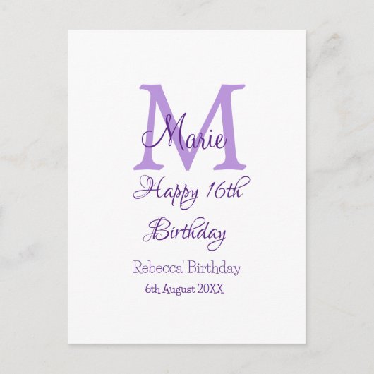 ハッピーバースデー16歳 紫 名前イニシャル おしゃれモダン ポストカード (正面)