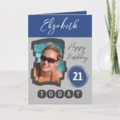 ハッピーバースデー21今日フォトグレーブルーを追加 カード (正面)