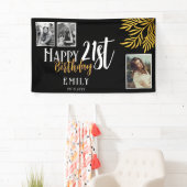 ハッピーバースデー21歳 ゴールドの葉の3写真背景 横断幕 (インサイチュ)