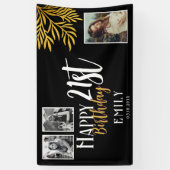 ハッピーバースデー21歳 ゴールドの葉の3写真背景 横断幕 (縦)