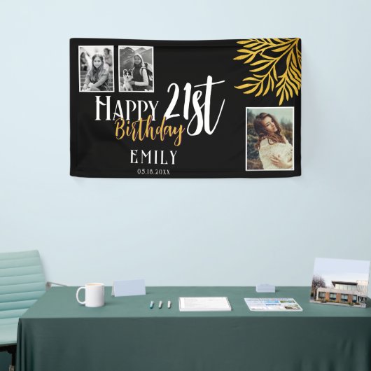 ハッピーバースデー21歳 ゴールドの葉の3枚写真用背景 横断幕 (トレードショー)