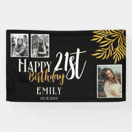 ハッピーバースデー21歳 ゴールドの葉の3枚写真用背景 横断幕