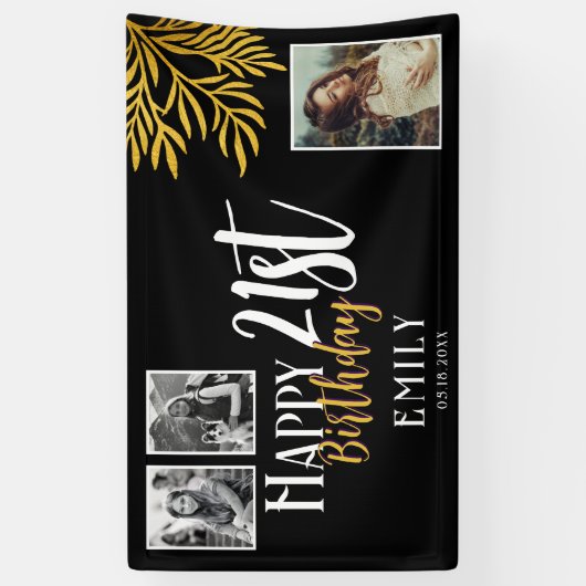 ハッピーバースデー21歳 ゴールドの葉の3枚写真用背景 横断幕 (縦)