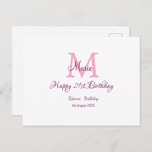 ハッピーバースデー21歳 ピンク 名前イニシャル モダン ポストカード (正面/裏面)