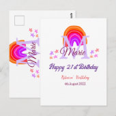 ハッピーバースデー21歳 ピンク 名前イニシャル レインボー ポストカード (正面/裏面)