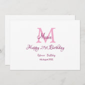 ハッピーバースデー21歳 ピンク 名前イニシャル 現代的なデザイン 招待状 (正面/裏面)