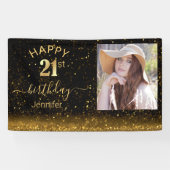 ハッピーバースデー21金ゴールドブラックグリッターフォトシック 横断幕 (横)