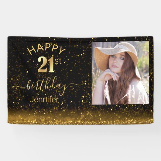ハッピーバースデー21金ゴールドブラックグリッターフォトシック 横断幕 (横)