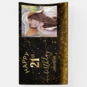 ハッピーバースデー21金ゴールドブラックグリッターフォトシック 横断幕 (縦)