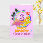 ハッピーバースデー3年、あなたの名前の恐竜カード カード (黄色い花)