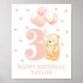 ハッピーバースデー3歳ガールピンクバルーンカスタムー ポスター (正面)
