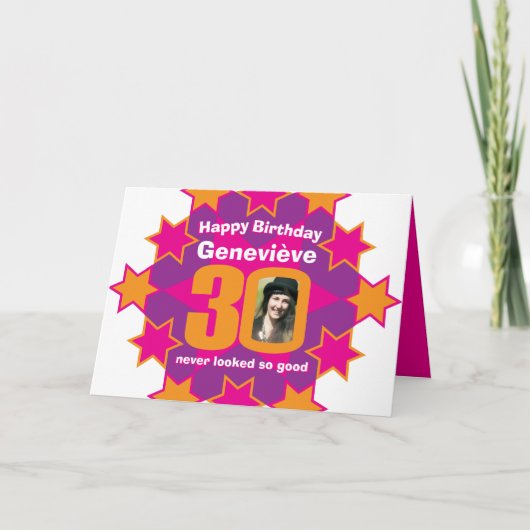 ハッピーバースデー30ピンクスター名前をカスタムする写真 カード (正面)