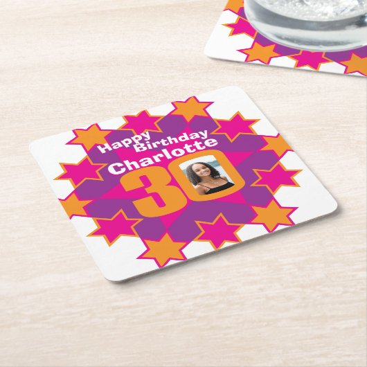 ハッピーバースデー30位名・フォト紙コースター スクエアペーパーコースター (アングル)