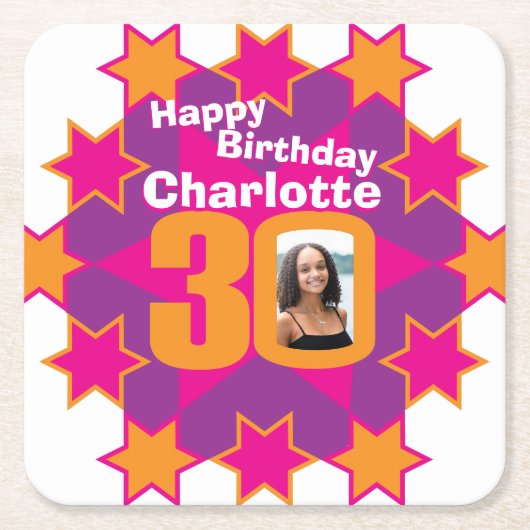 ハッピーバースデー30位名・フォト紙コースター スクエアペーパーコースター (正面)
