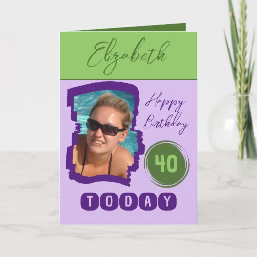 ハッピーバースデー40今日フォトパープルグリーンを追加 カード (正面)