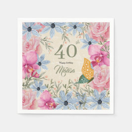 ハッピーバースデー40th水彩素朴なフローラかわいい スタンダードカクテルナプキン
