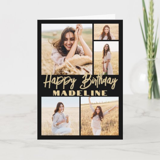 ハッピーバースデー5フォトコラージュモダンブラック&金ゴールド カード (正面)