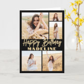 ハッピーバースデー5フォトコラージュモダンブラック&金ゴールド カード (黄色い花)