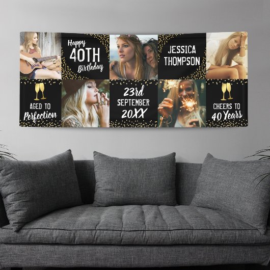 ハッピーバースデー5フォトブラック金ゴールド 横断幕