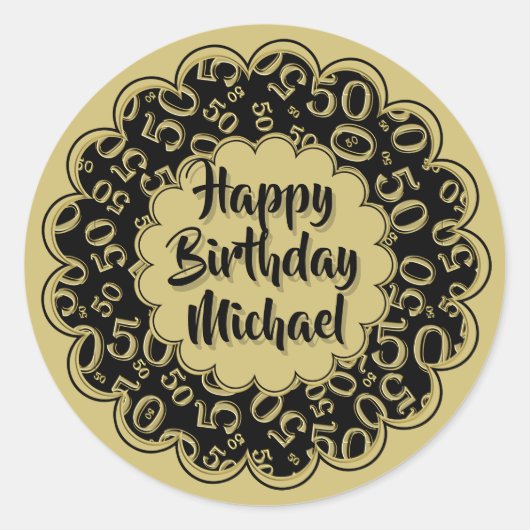 ハッピーバースデー50番目のクール数値パターン金ゴールド/黒 ラウンドシール (正面)