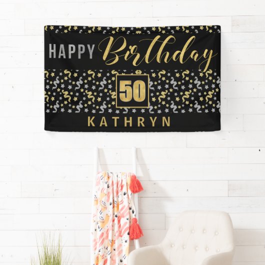 ハッピーバースデー50 (名前が黒および金ゴールド) 横断幕 (インサイチュ)