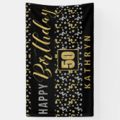 ハッピーバースデー50 (名前が黒および金ゴールド) 横断幕 (縦)
