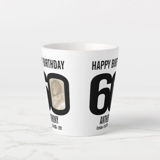 ハッピーバースデー60の名前と2枚の写真 カフェラテマグ (正面)