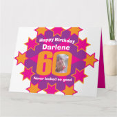 ハッピーバースデー60ピンクスター名前をカスタムする写真 カード (正面)