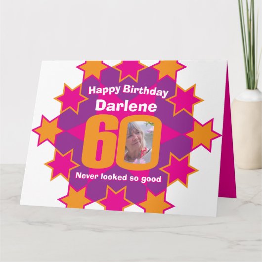 ハッピーバースデー60ピンクスター名前をカスタムする写真 カード (正面)