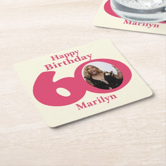 ハッピーバースデー60名とフォト紙コースター スクエアペーパーコースター (アングル)