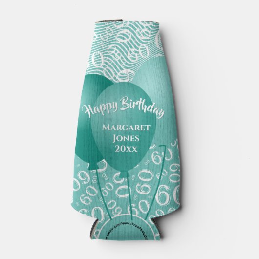 ハッピーバースデー60番目の数値パターンティール（緑がかった色）と白 ボトルクーラー (正面)