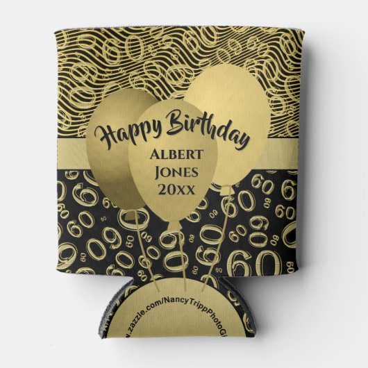 ハッピーバースデー60番目の数値パターン金ゴールドと黒 缶クーラー (正面)