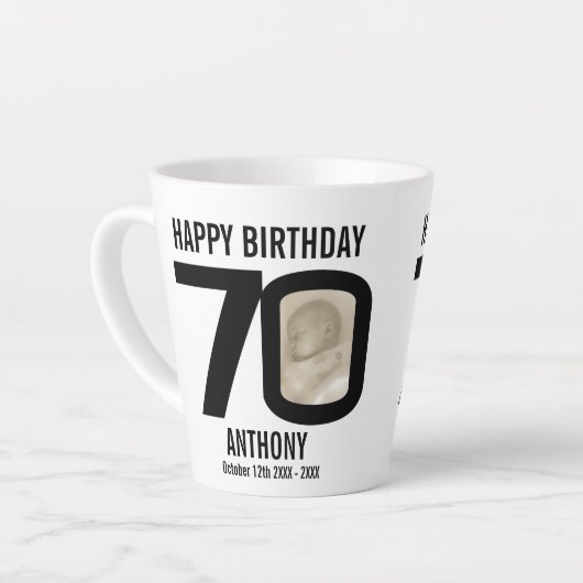 ハッピーバースデー70の名前と2枚の写真 カフェラテマグ (左アングル)