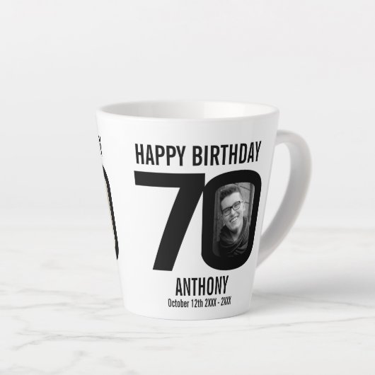 ハッピーバースデー70の名前と2枚の写真 カフェラテマグ (右アングル)