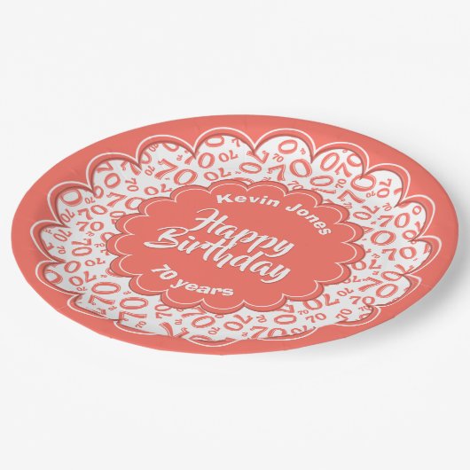 ハッピーバースデー70番目のティール（緑がかった色）/白の数値パターン ペーパープレート (アングル)