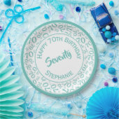 ハッピーバースデー70番目のティール(緑がかった色)/白の番号パターン ペーパープレート (パーティー)