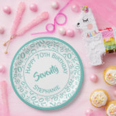 ハッピーバースデー70番目のティール(緑がかった色)/白の番号パターン ペーパープレート (パーティー)